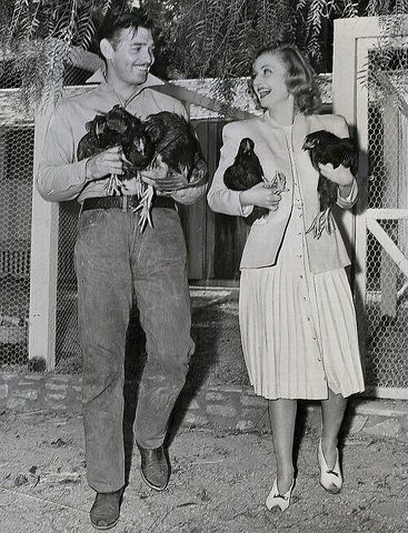 Clark Gable e Carole Lombard con in braccio delle galline