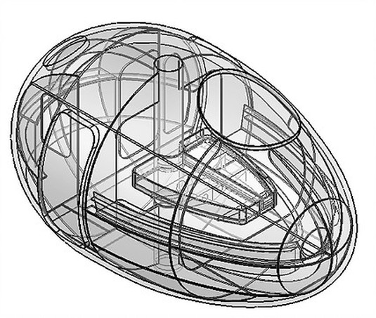 Interior design dell'Exbury Egg, la mini casa galleggiante a forma d'uovo