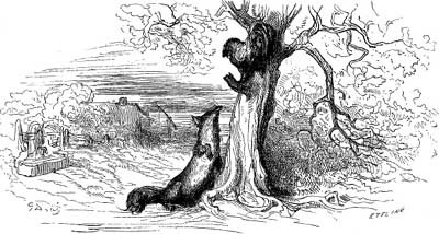 Illustrazione in bianco e nero di gallo su un albero e volpe ai suoi piedi a terra