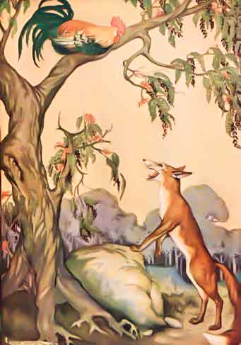 Illustrazione a colori di gallo che scappa da una volpe volando sul ramo di un albero