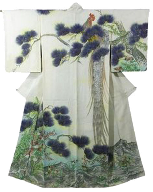 Kimono giapponese tradizionale raffigurante un esemplare di Onagadori
