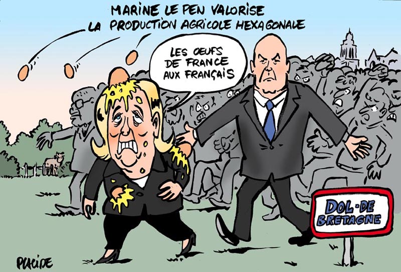 Vignetta satirica della contestazione a Marine Le Pen in occasione della visita all'azienda di trasporto Guisnel a Dol-de-Bretagne Guisnel (2017)