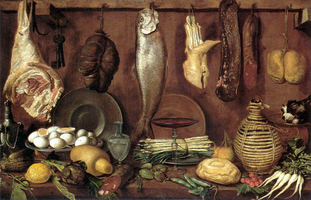 Le uova nella Dispensa con pesce, carne, uova sode e fiasca di vino, del 1625 di Jacopo Chimenti