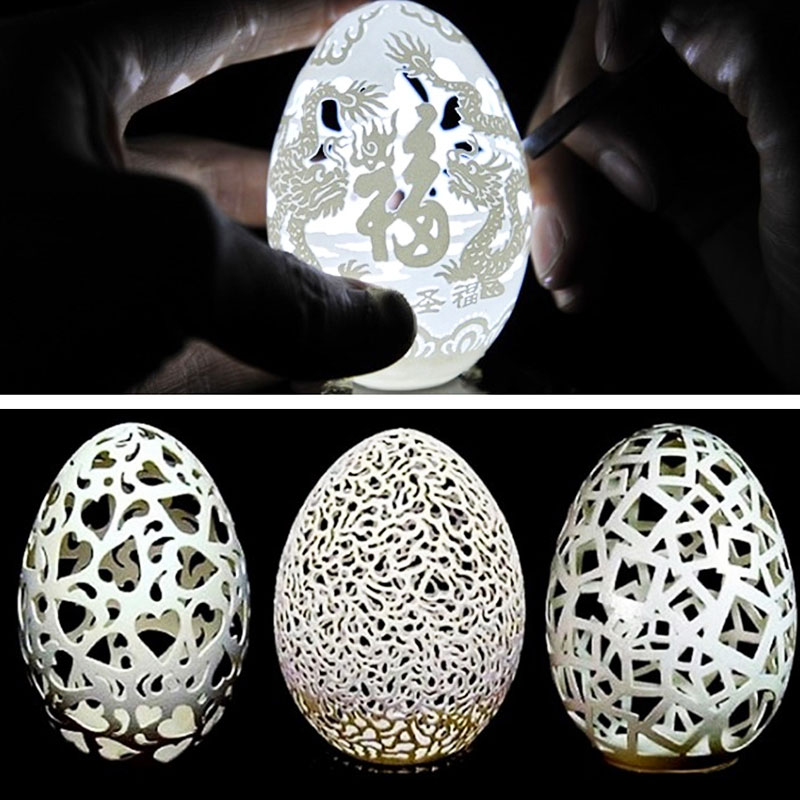 Esempi di uova incise da Wen Fuliang, artista cinese (egg carving)