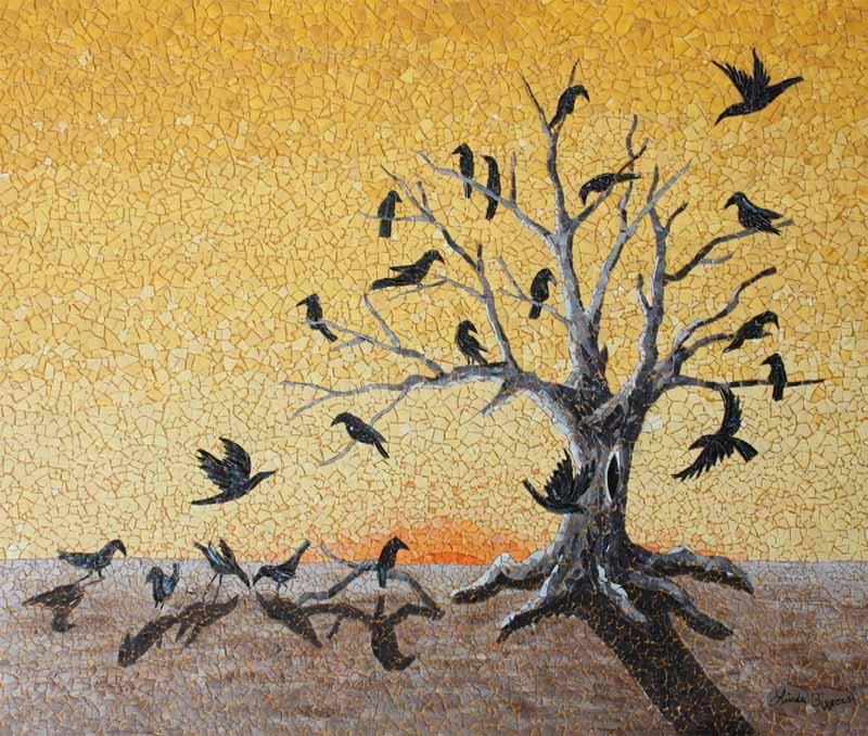 Moonlit birches, Eggshell Mosai Art, Linda Biggers