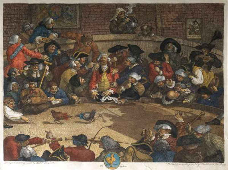 Il combattimento tra galli nella Londra del 18° secolo così come caricaturizzato da William Hogarth 