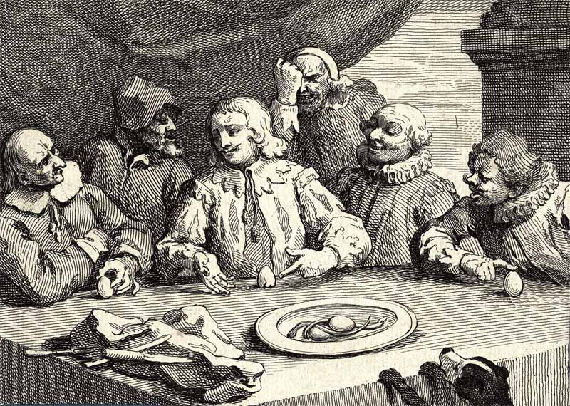Christopher Columbus e l'uovo. Incisione di William Hogarth (1697-1764)