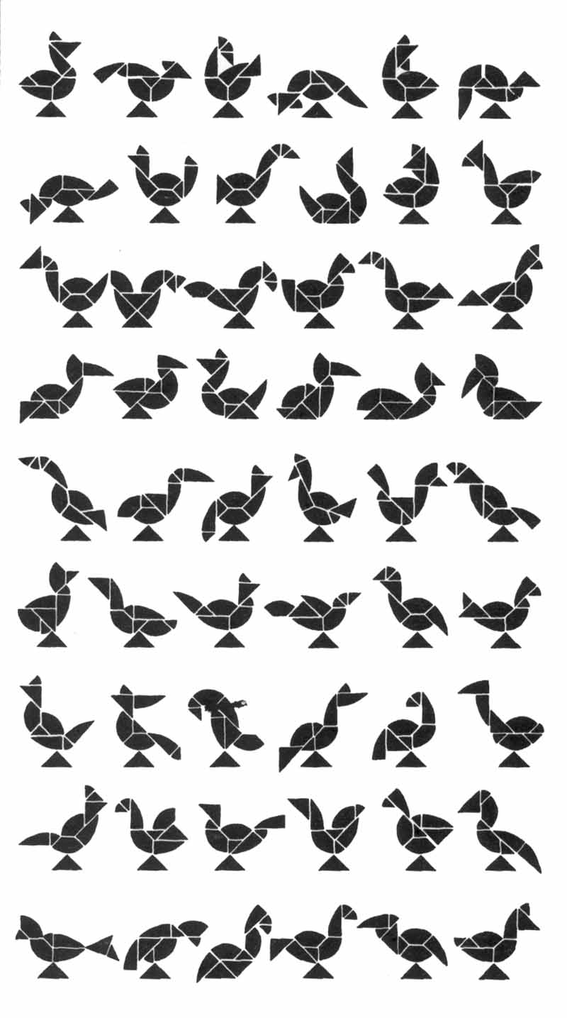 Esempi di forme di galline costruite con le 9 tavolette dell'Egg Tangram