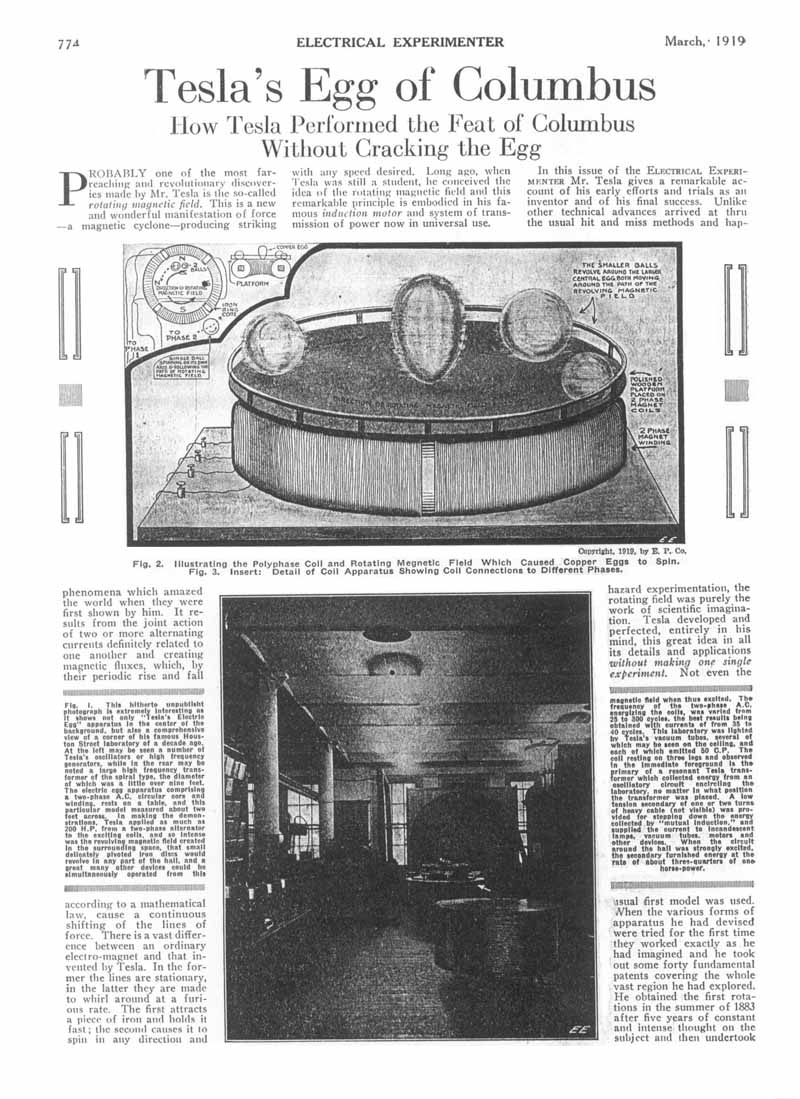 Una rivista di inizio Novecento che descrive l'Uovo Elettromagnetico di Tesla.