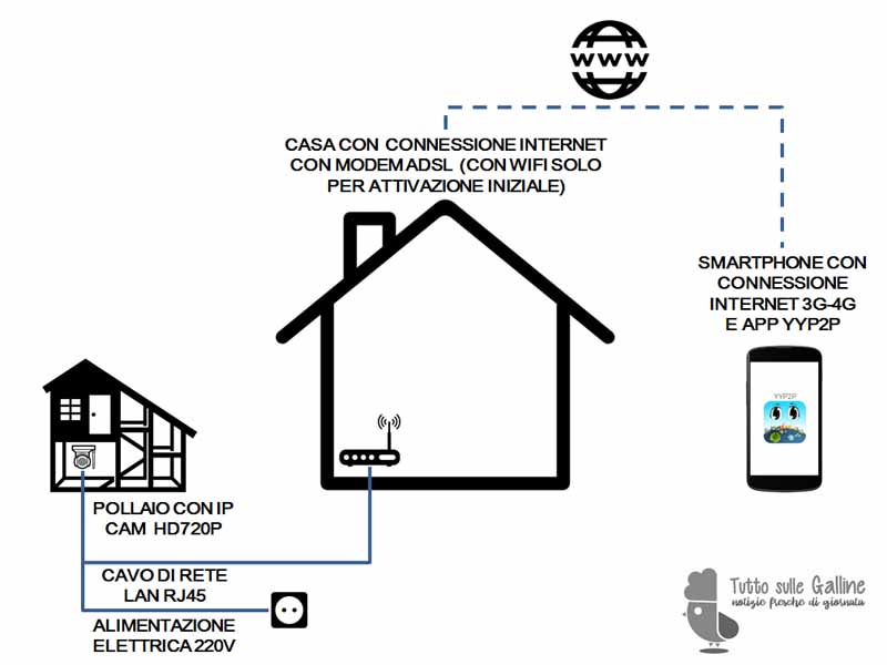 Schema di installazione IP CAM per il monitoraggio da remoto di galline e pollaio