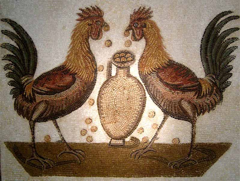 La raffigurazione dell'appetito di due galli intorno ad un anfora di cibo; mosaico (Napoli)