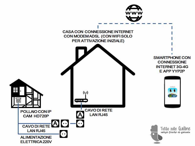 Schema raffigurante l'esempio di installazione di IP CAM per il monitoraggio da remoto del pollaio (senza cavo di rete da router a pollaio)