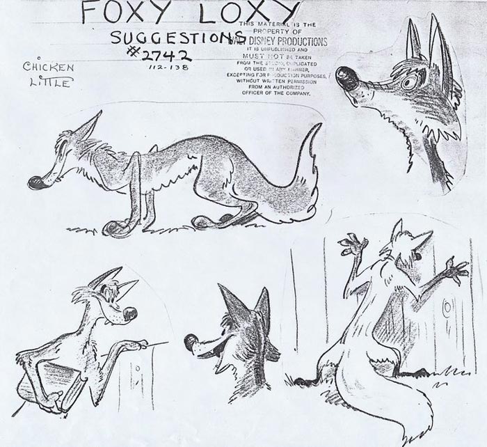 Alcune bozze disegnate nel personaggio Foxy Loxy (Chicken Little, 1943 - Walt Disney)