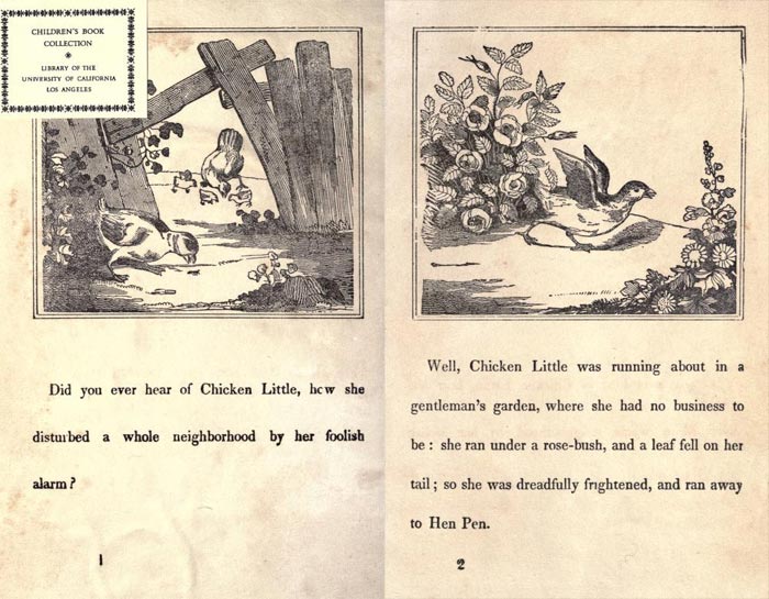 Pag. 1-2  "The Remarkable Story of Chicken Little" (Boston: Degen, Estes &amp; Co., No. 23 Cornhill).