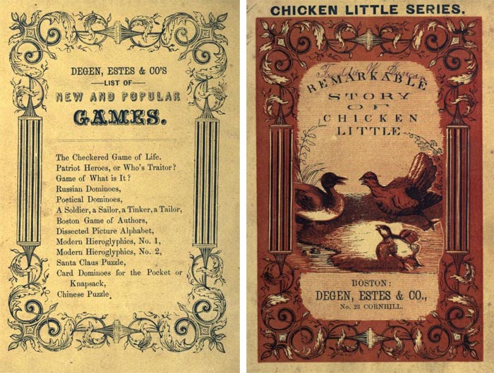 Copertina (retro-fronte) "The Remarkable Story of Chicken Little" (Boston: Degen, Estes &amp; Co., No. 23 Cornhill).