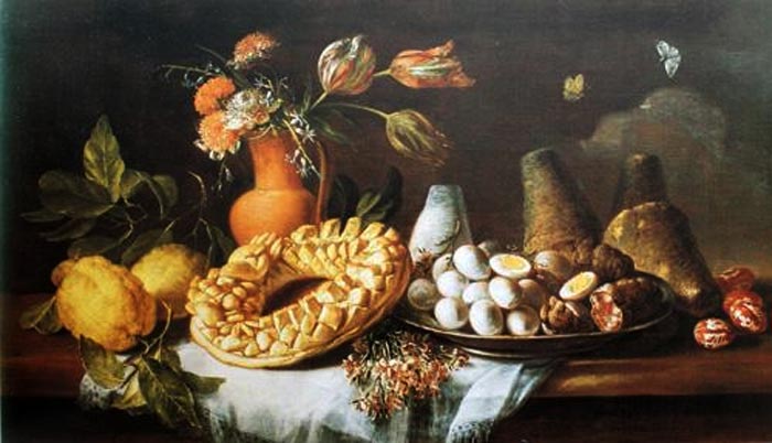 Fiori e pani di Tommaso Realfonso detto Masillo (1677-1743, olio su tela), dipinto con casatiello napoletano