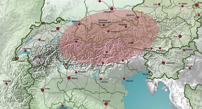 Area geografica di diffusione storica della gallina Tirolese