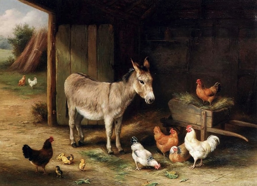 Moltissimi dipinti ritraggono galline in stalla insieme ad altri animali
